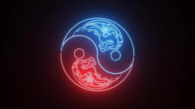 yin yang symbol with red and blue light effect on the green screen background