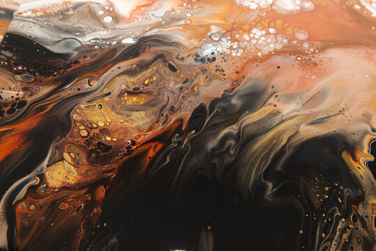 Acrylic pour fluid abstract artwork on canvas, showing flowing shapes in rusty reds, gold and copper color palette.