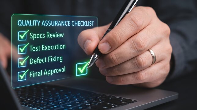 Quality assurance checklist on digital screen, businessman checking software testing tasks, professional project management and final approval