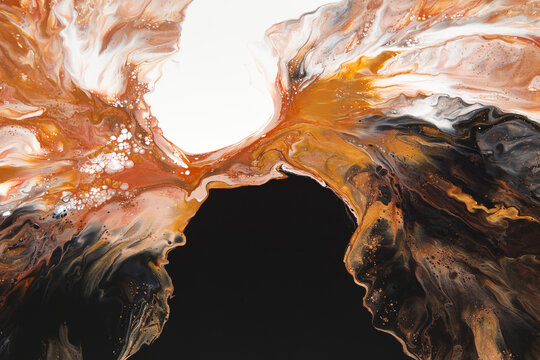 Acrylic pour fluid abstract artwork on canvas, showing flowing paint patterns in rusty reds, gold and copper color palette on back and white base.