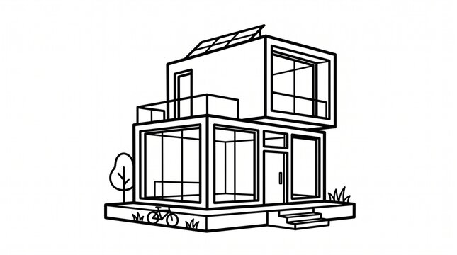 Minimalist modern house line art, sustainable modular home illustration, eco-friendly architecture sketch with solar panels