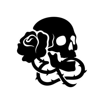 Skull with rose and thorns for gothic romance symbol.