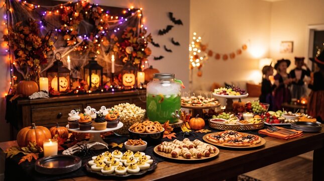 Festive Halloween Party Buffet Table Laden With Themed Food And Decorations