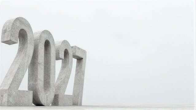 Stone "2027" monument stands stark against a minimalist, overcast sky.