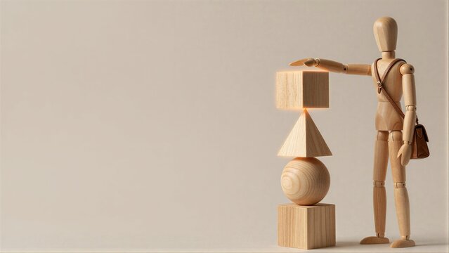 Wooden figure adds block to stack, symbolizing growth or building something new.