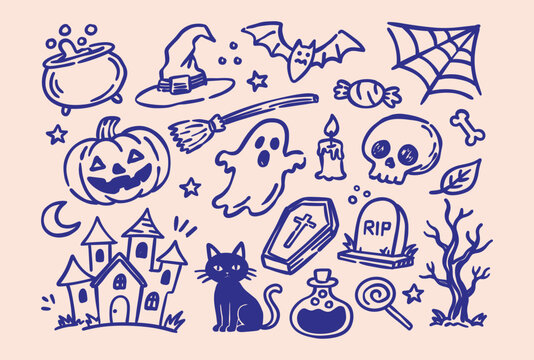 Hand drawn Halloween doodle set featuring spooky seasonal elements in a playful vintage style, perfect for stickers, prints, apparel, cards, and creative projects