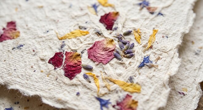 Primer plano de papel artesanal de algod&oacute;n con p&eacute;talos secos de flores prensados en las fibras.