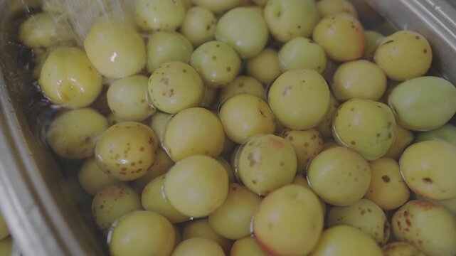 Zoom in shot of fresh green and yellow Japanese plums soaked in water for making umeboshi