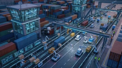 Fototapeta premium Automated shipping port with robotic transport.