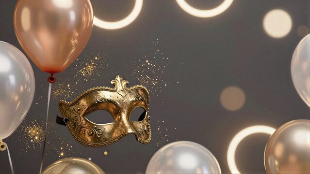 Golden mask floats among balloons and sparkling lights, festive celebration atmosphere.