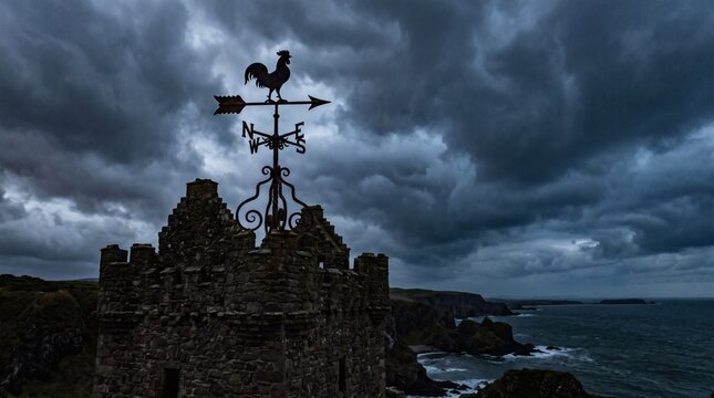 Dramatic Stormy Sky Over Ancient Castle Ruins and Rugged Coastline with Rooster Weather Vane