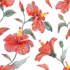 Seamless pattern of red hibiscus hand-drawn on paper with watercolor vintage-style.You can change color background. © Walliya silachan