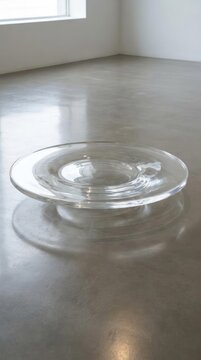 Minimalist clear glass bowl on polished concrete floor.