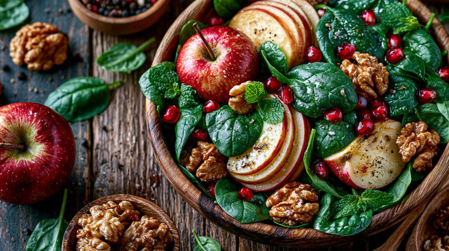 Fresh and spinach salad with walnuts and pomegranate plant based pomegranate vegetarian