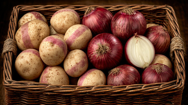 Fresh potatoes and red onions in a woven basket with red onion food preparation farm to table