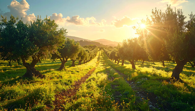 Paisaje de campo con arboleda de olivos al atardecer
