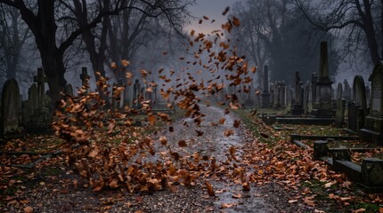 Fototapeta premium Autumn leaves swirl in a misty graveyard with weathered tombstones and bare trees