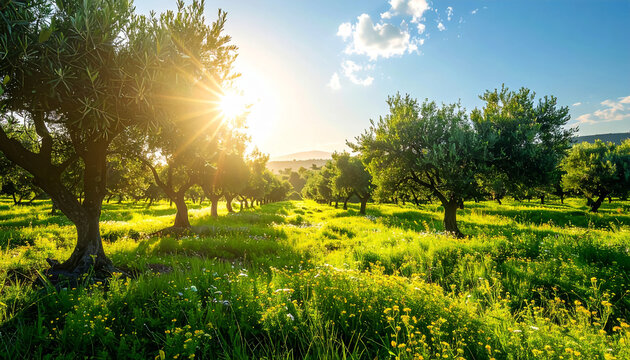 Paisaje de campo con arboleda de olivos al atardecer