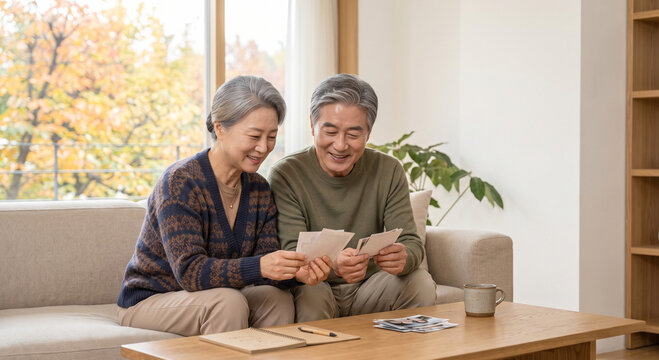 사진을 보고 있는 노부부