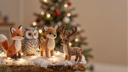 Naklejka premium Felt animals gather on snowy table near glowing Christmas tree.
