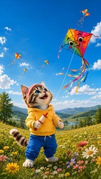 Adorable tabby kitten in a yellow hoodie and blue pants flying a colorful rainbow kite in a sunny wildflower meadow, with blue sky, mountains, lake, and playful kites in the background.
