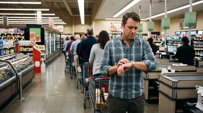 Man impatiently checks watch while waiting in long grocery store checkout line