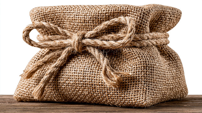 Small rustic burlap sack tied with twine string resting on an old dark wooden surface background