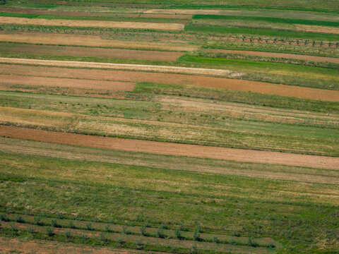 Aerial view of Plevice Reservoir surrounded by colorful agricultural fields with rows of small trees and diverse crop patterns in Belsh, Elbasan County, Albania.