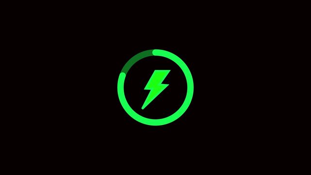 Green battery charging animation with power icon isolated on a black background