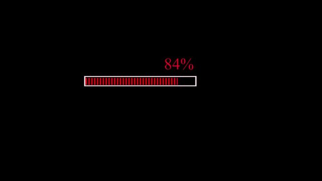 Red neon loading bar animation counting from 0 to 100 percent with glowing progress effect on black background symbolizing digital update, charge, download, and modern