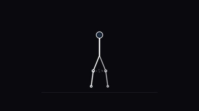 Minimalist stick figure character animation walking cycle on 4k black background