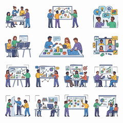 Fototapeta premium Illustrated diverse team collaborating in virtual meetings.