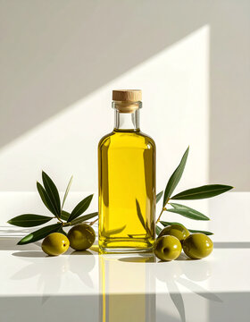 Botella de aceite de oliva con aceitunas frescas y hojas