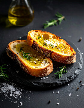 Pan artesanal tostado con aceite de oliva y escamas de sal