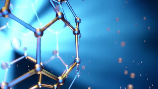 A translucent 3D fullerene carbon cage with metallic accents rotates as radiant blue light beams and particles pass through its lattice on a deep blue backdrop.