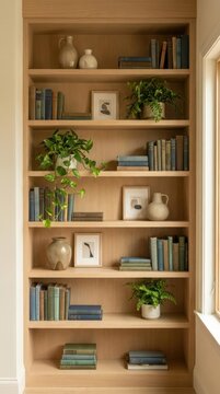 Modern wooden bookshelf with books and indoor plants.