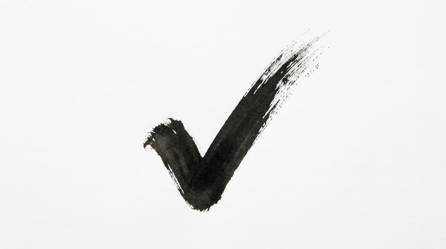 Bold black ink check mark painted with artistic brush strokes on a clean white paper background