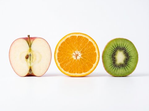 Halved apple orange slice and kiwi fruit aligned horizontally in a row