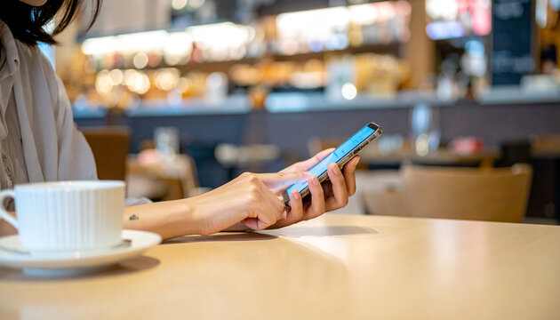 カフェでスマートフォンを操作する日本人のライフスタイル
Close-up of a Japanese adult using a smartphone at a modern caf&eacute;