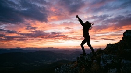Fototapeta premium Silhouette of a woman reaching for the sky on a mountain peak at sunset with dramatic clouds