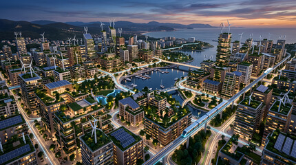 Naklejka premium Aerial view of a sustainable smart city at sunset featuring green roofs, solar panels, wind turbines, and modern monorail transit system.
