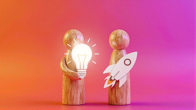 Two wooden figures share an idea, one holding a lightbulb, the other with a rocket.