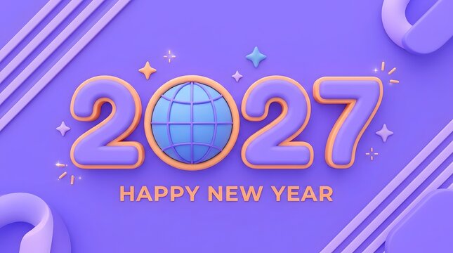 Festive 3D Happy New Year 2027 background with a blue mirror disco ball, party confetti, purple numbers, and modern geometric styling.