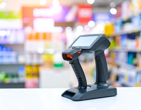 Handheld mobile computer scanner on shop counter