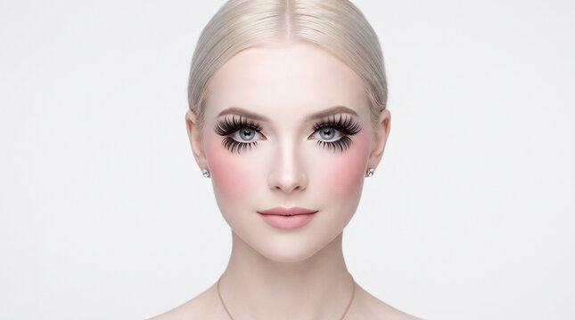  A Flawless Symmetrical Portrait of a Woman with Ice-Blonde Hair, Porcelain Skin, Exaggeratedly Long, Dramatic False Eyelashes, and a Heavy Dusting of Bright Pink Blush Across the Cheeks
