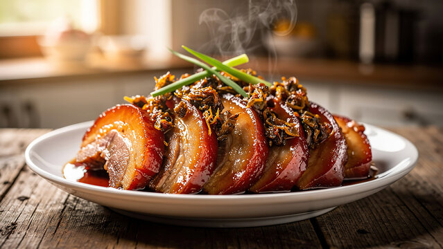 Mei cai kou rou, steamed braised pork belly with preserved mustard greens, classic Chinese dish