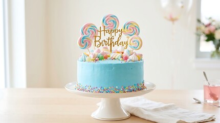 Naklejka premium Colorful birthday cake with lollipop toppers on a wooden table.