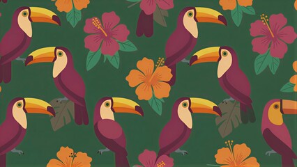 Naklejka premium Toucans and tropical flowers in vibrant, repeating pattern on green background.