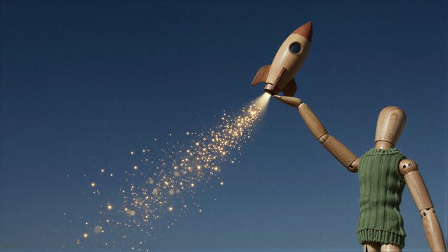 Wooden figure launches rocket into sky, sparks trail behind as it soars upward.