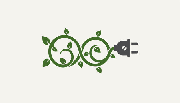 Green plant vine shaped like an infinity loop connected to a power plug representing clean renewable energy and eco sustainability.